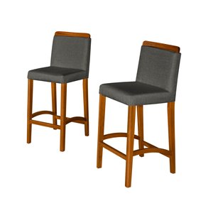 Kit 2 Banquetas Dubai Alta Bar Luxo Pés em Madeira Maciça Área Gourmet Balcão Sacada Hall Cor Cinza