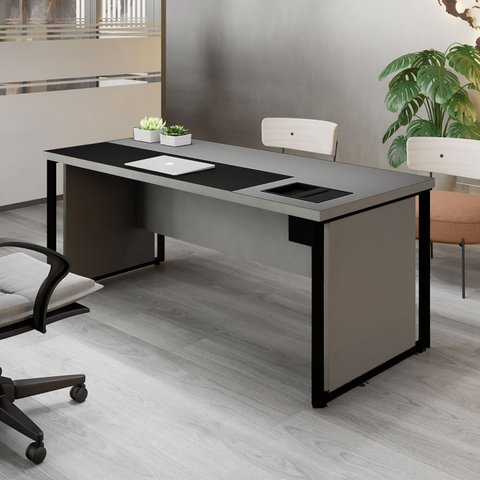 Escrivaninha Mesa Escritório Diretor com Caixa de Tomadas e Porta Objetos 200cm Corporate Cinza Sagrado e Preto