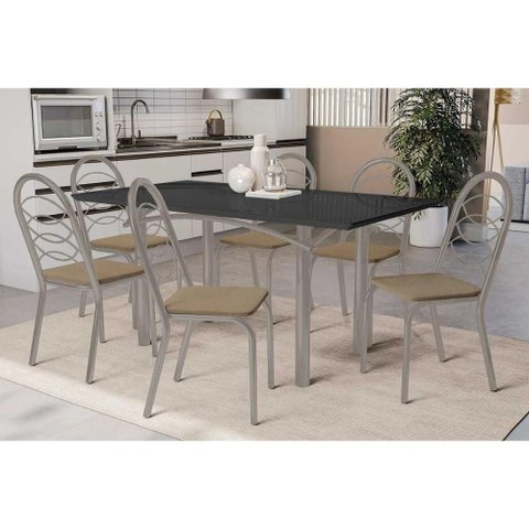 Conjunto: Mesa de Cozinha Elba Tampo Madeirado C/ Vidro 160cm e 6 Cadeiras Holanda Niquel/preto -