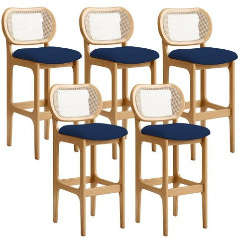 Kit 05 Banquetas Altas para Cozinha Bancada Sala Tela Betta Fixa L02 Suede Azul Marinho - Lyam
