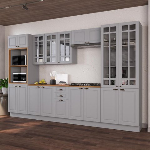 Armário de Cozinha Modulada Completa Fidelitá Nara 100% MDF 6 Peças 350cm 18 Portas 2 Gavetas com
