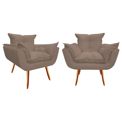 Kit 2 Poltronas Decorativa Opala Suede Capuccino Pés Madeira Ms Decor
