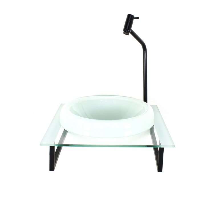 GABINETE COM CUBA DE VIDRO CHAPEU 10MM COM TAMPO 40CM BRANCO MAIS TORNEIRA METAL PRETA