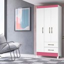 Ver imagem 2 de Guarda Roupa Solteiro Quarto Pequeno 3 Portas 2 Gavetas Lima Branco com Rosa