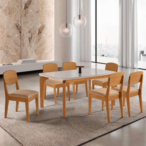Conjunto Sala de Jantar Mesa Dublin Tampo MDF 180cm Canto Copo com Vidro e 6 Cad Cleo Yescasa