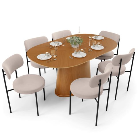 Mesa Valência com 06 Cadeiras para Sala de Jantar Louise L02 Suede Bege - Lyam Decor
