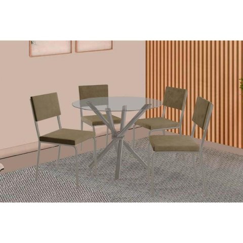 Sala de Jantar Completa Volga C/ Tampo de Vidro 95cm e 4 Cadeiras Zaria Niquel - Suede Bege -