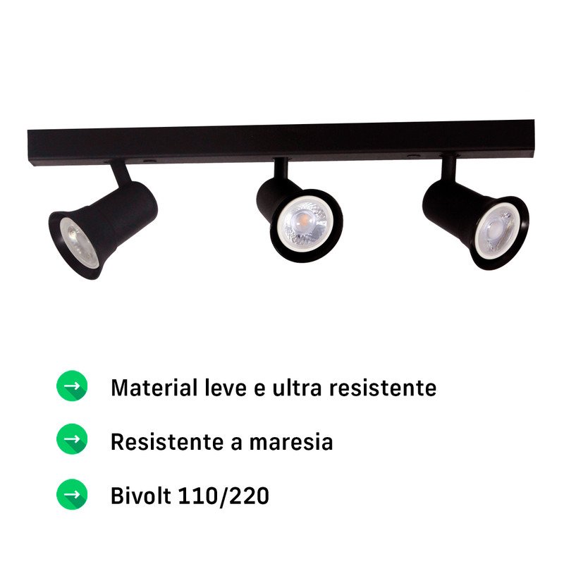 Trilho Eletrificado 42cm 3 Spots Gu10 Dicroica com Conector + 3 Lâmpadas Cor:preto;temperatura:quent - 2