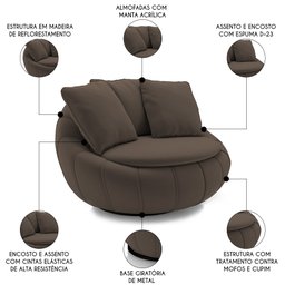 Poltrona Decorativa Redonda Giratória com Almofadas Saphire M22 Veludo Marrom - Mpozenato - 3