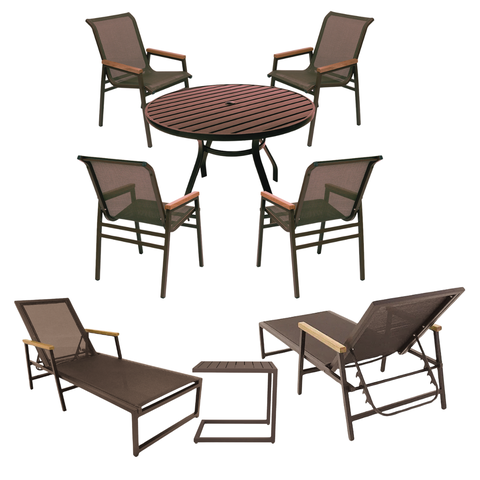 Kit Móveis para Piscina Jogo de Mesa 4 Cadeiras 2 Espreguiçadeiras de Alumínio Marrom