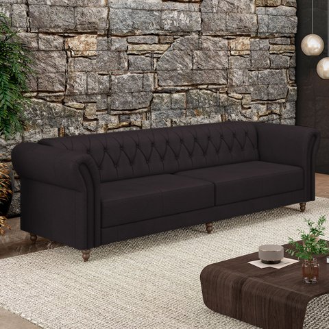 Sofá Living Sala de Estar Stanford Chesterfield 3 Lugares 240cm Pés de Madeira Couro Borgonha G58 - 
