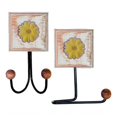 Kit Banheiro 2 Peças 1 Toalheiro Duplo + 1 Porta Papel Higiênico Artesanal Flor Madeira Cor