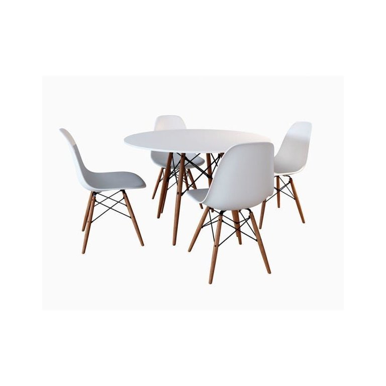 Conjunto de Mesa de Jantar Eames Eiffel Redonda 90cm Tampo de Madeira Branco com 4 Cadeiras Brancas