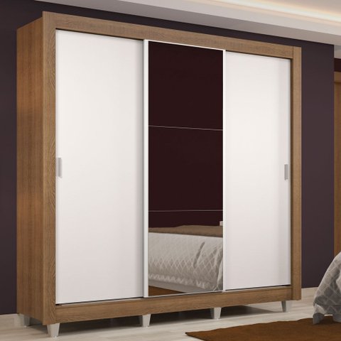 Guarda-Roupa Casal Madesa Lyon 3 Portas de Correr com Espelho 2 Gavetas com Pés Rustic/Branco Cor:Ru