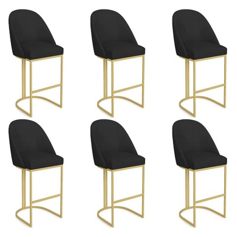 Kit 06 Banquetas Altas Bela Suede Preto Base Metálica Industrial Dourado - Pallazio