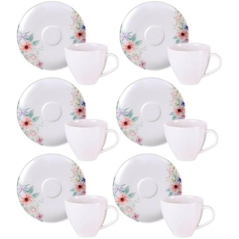 Jogo 6 Xícaras de Café com Pires 100ml Tramontina Floratta Porcelana Cozinha Mesa Posta