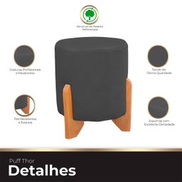 Puff Thor Luxo Madeira Maciça Redondo Suede Cinza Escuro Ateliê do Conforto Puff Thor Madeira Maciça - 4