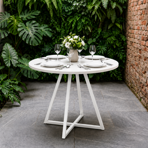 Mesa de Sala e Jantar Paris Modelo Industrial Moderno Tampo Redondo Branco com Base de Ferro Branco