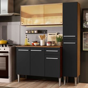 Cozinha Compacta Madesa Emilly Gold com Armário, Balcão e Paneleiro Rustic/Preto Cor:Rustic/Preto