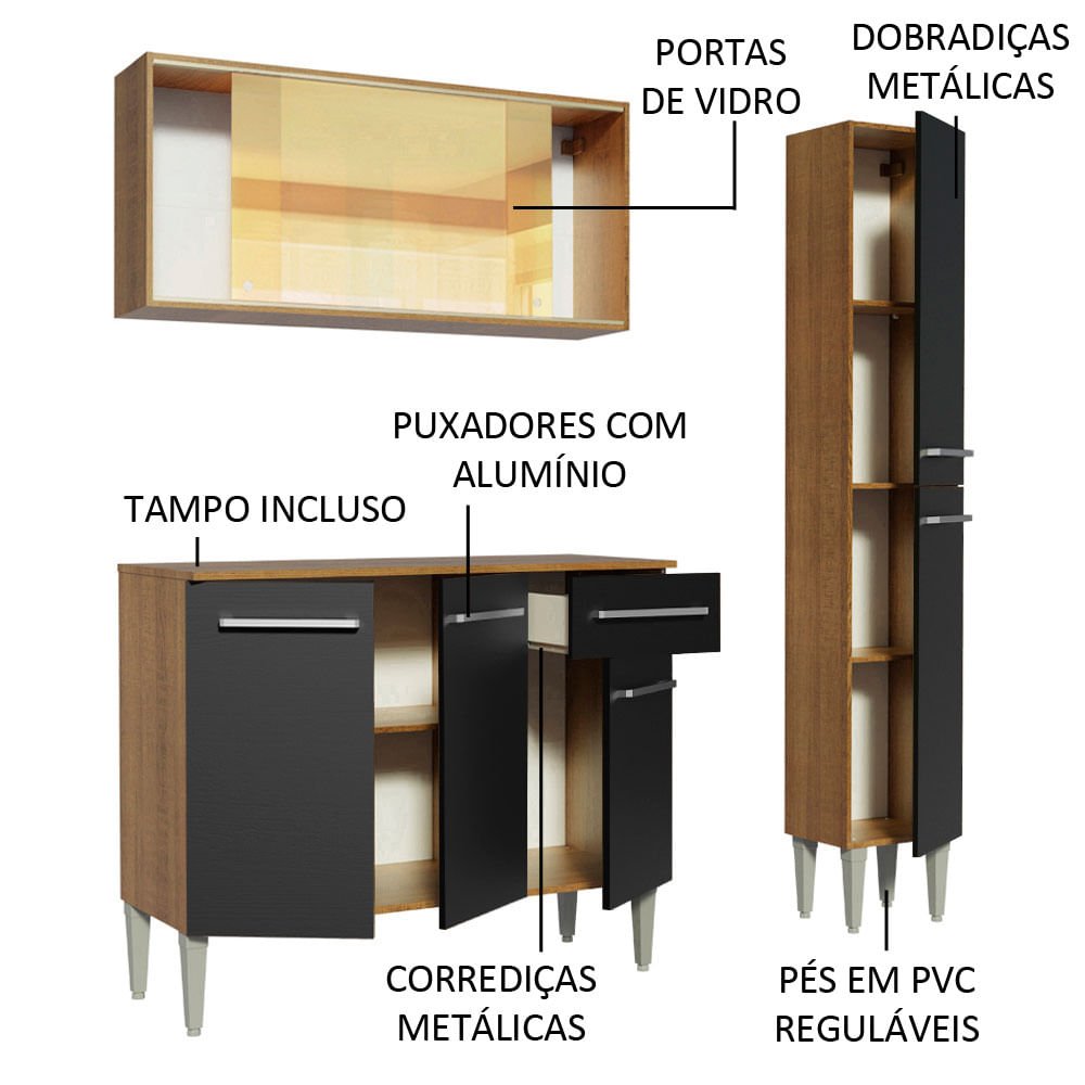 Cozinha Compacta Madesa Emilly Gold com Armário, Balcão e Paneleiro Rustic/Preto Cor:Rustic/Preto - 4