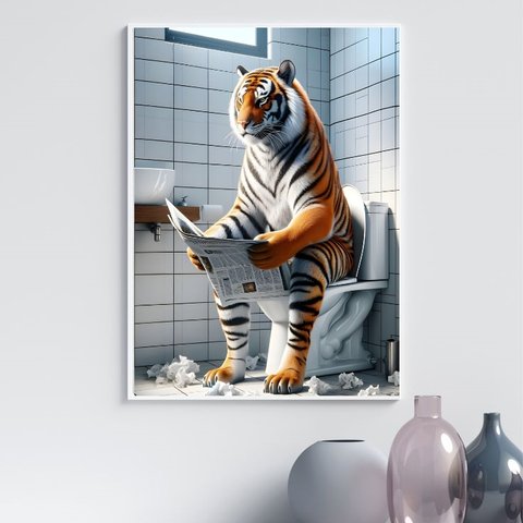 Quadro Divertido Banheiro - Tigre 24x18cm - com Vidro:moldura Branca
