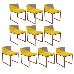 Kit 10 Cadeira Office Lee Duo Sala de Jantar Industrial Ferro Bronze Suede Amarelo e Bege - Amey Dec