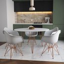 Ver imagem 1 de Mesa Jantar Redonda 110Cm Branca Clips 3 Pés Com 5 Poltronas Brancas Base Cobre - Cor: Branco