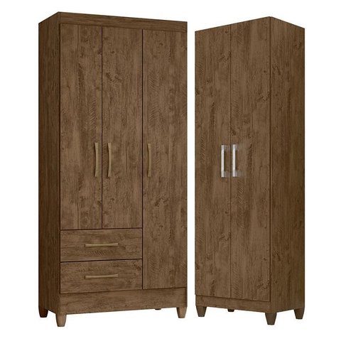 Guarda Roupa Solteiro Lima e Armário Multiuso New Iris Castanho Wood - Moval