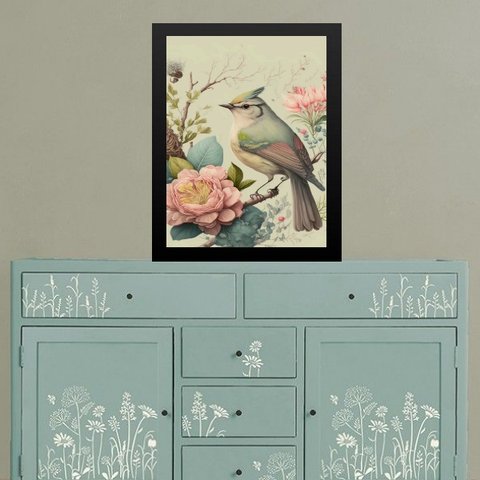Quadro Provençal Pássaro com Flores 45x34cm:moldura Branca