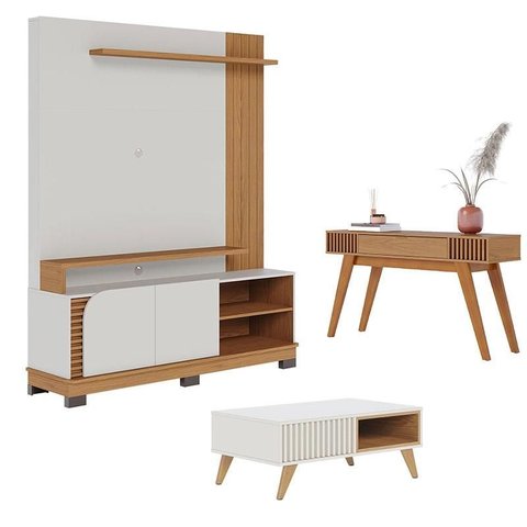 Estante Home Theater Jurerê 1.5 com Mesa de Centro Jeri Off White Matte Freijó e Aparador Riviera Fr