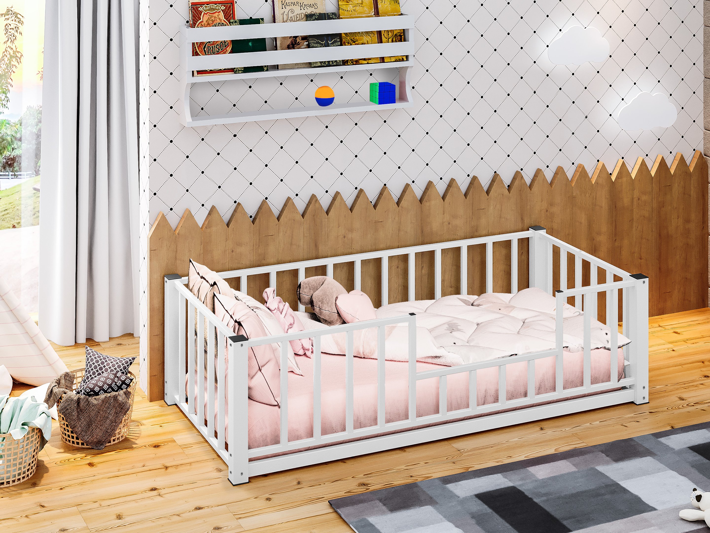 Cama Montessoriana Infantil Com Grades De Proteção 1,95 M Cor Branco