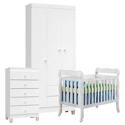 Quarto de Bebê 3 Portas com Gaveteiro Ternura Baby e Berço Lila Branco Brilho - Incorplac