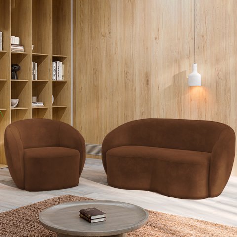 Conjunto 1 Sofá Living 180cm e 1 Poltrona Decorativa Sala de Estar Íbis Encosto Fixo Veludo Marrom G