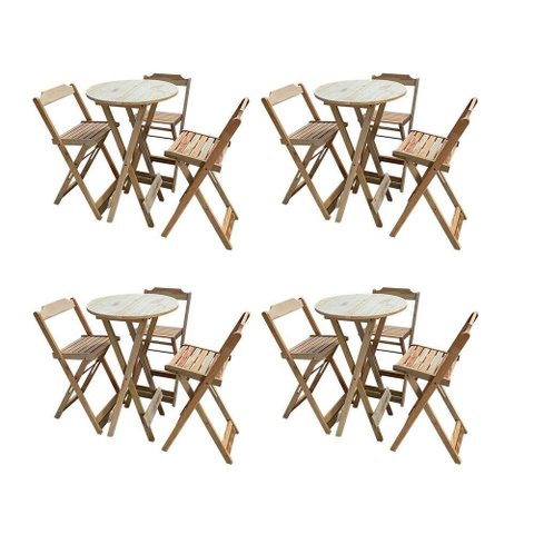 Kit 4 Jogos De Mesas Bistrô De Madeira Dobrável Com 3 Banquetas - Crua