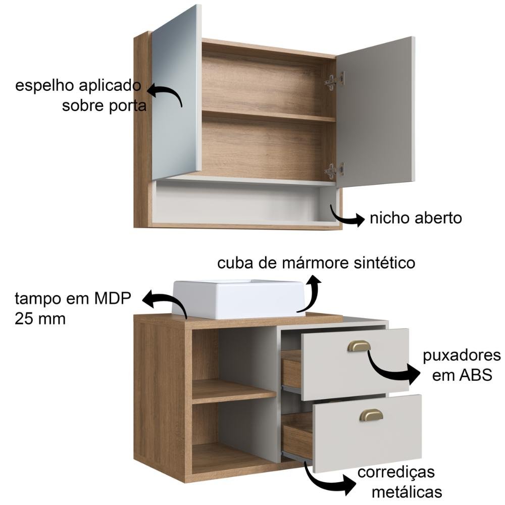 Gabinete de Banheiro 80cm Helena com Espelheira 02 Portas Mel/arenas e Cuba Branca - 5