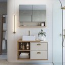 Ver imagem 1 de Gabinete de Banheiro 80cm Helena com Espelheira 02 Portas Mel/arenas e Cuba Branca