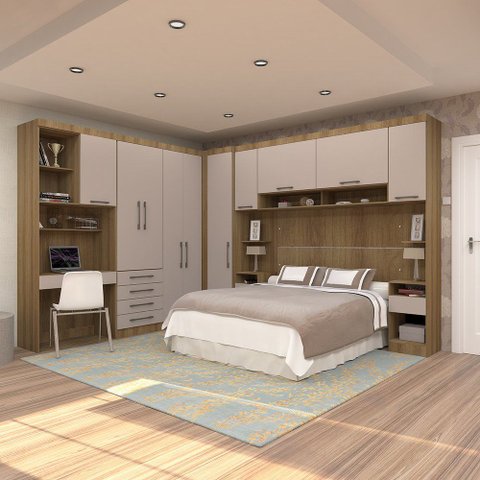Quarto de Canto Casal com Guarda Roupas Cabeceira e Bancada Home Office Paris Luciane Móveis