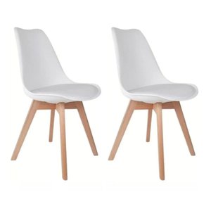 Kit 2 Cadeiras de Jantar Saarinen Leda Tulipa Base Wood Madeira Maciça com Estofado em Couro Branco