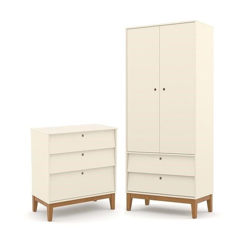 Jogo de Quarto Infantil Unique com Guarda Roupa 2 Portas e Cômoda 3 Gavetas Off White/eco Wood - Mat