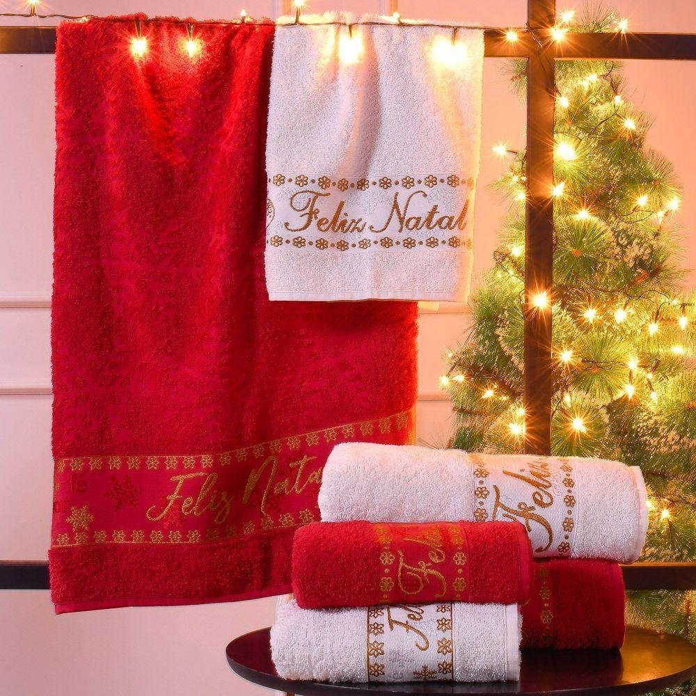 Toalha de Rosto Feliz Natal Bordada Jacquard 45x68 Bene Casa Vermelho - 2