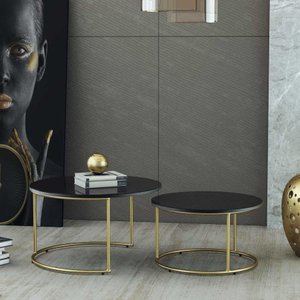 Conjunto Mesa de Centro Aço Carbono Base Dourada Girasol Preto