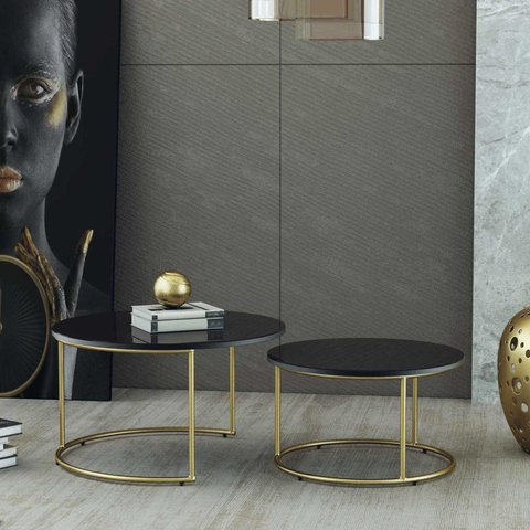 Conjunto Mesa de Centro Aço Carbono Base Dourada Girasol Preto