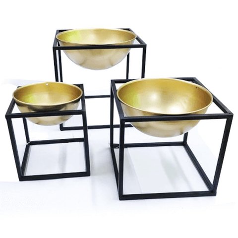 Kit Vaso Dourado Em Metal com Suporte 3 Peças - Mart 09407