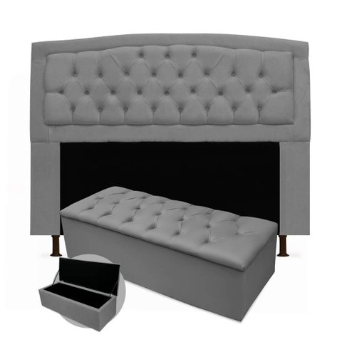 Kit Cabeceira Geovana + Calçadeira Baú Mirage Casal 140cm Suede - Ecotec Decor:Cinza