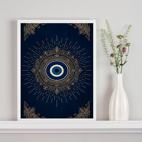 Quadro Mistico Mandala Olho Grego - Azul Dourado 24x18cm:moldura Branca