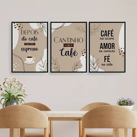 Kit 3 Quadros Cantinho do Café Abstrato 33x24cm:Madeira branca