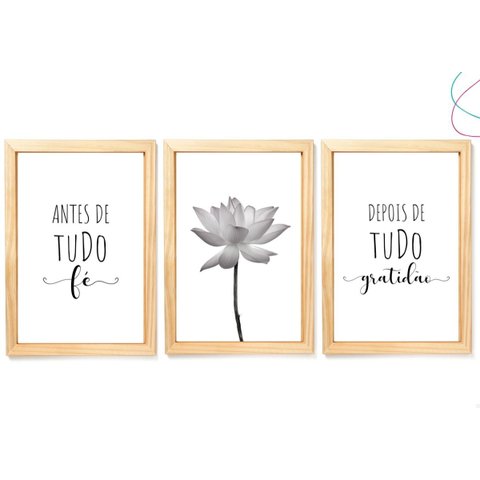 Kit 3 Quadros Decorativos - Fé e Gratidão Flor de Lótus:pinus