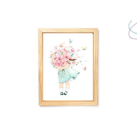 Quadro Decorativo Infantil Menina com Flores Aquarela:pinus