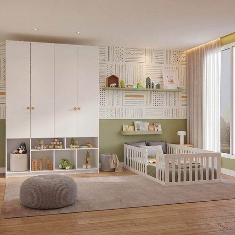 Quarto Montessoriano Cama Giulia e Guarda-Roupa Curió 4 Portas Casatema MadeiraOriginals Branco