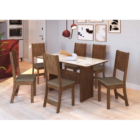 Conjunto Sala de Jantar Fidelitá Atenas 150cm com 6 Cadeiras Noce/off-white Assento Cacau